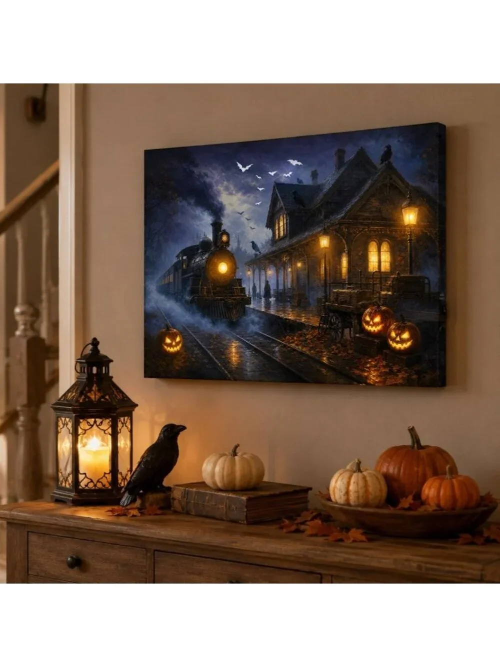 Haunted Train Station LED Canvas Wall Art - Spooky Halloween Decor, 24x18 in